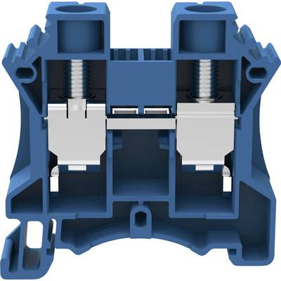 Blaues elektrisches Klemmengehäuse mit zwei Schraubverbindungen, Symmetrie in der Bauweise, geöffnet, um Innenstruktur zu zeigen.