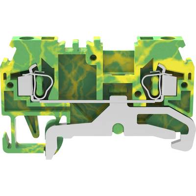 Grüner und gelber geöffneter Kunststoffklemmenblock. Zeigt innere Metallteile für elektrische Anschlüsse.