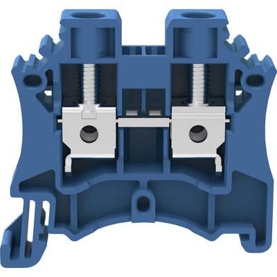 Elektrische Klemmleiste in blauer Kunststofffassung, seitlicher Schnitt zeigt innere Metallklemmen und Federmechanismus.