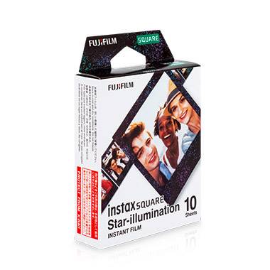 Verpackung von Fujifilm Instax Square Star-illumination Instant Film mit 10 Filmbögen, darauf lächelnde Personen in quadratischen Fotos.