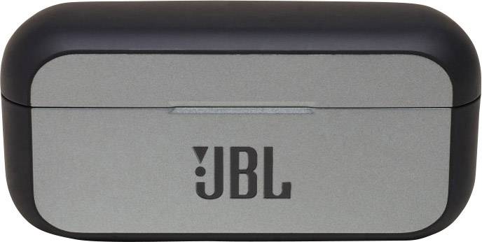Ein schwarzes und graues JBL-Ohrhörergehäuse mit sichtbarem Logo auf der Vorderseite.