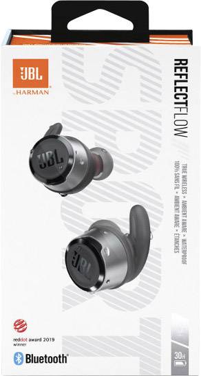 Verpackung der JBL Reflect Flow Ohrhörer. Zeigt kabellose Earbuds mit 'JBL'-Logo. Text: 'True Wireless, Hands-Free, 30+ Stunden Akkulaufzeit'.