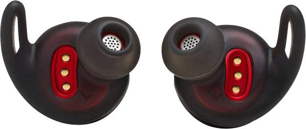 Zwei schwarze, kabellose In-Ear-Kopfhörer mit roten Akzenten und austauschbaren Ohrstöpseln, geeignet zum Hören von Musik oder Anrufen.