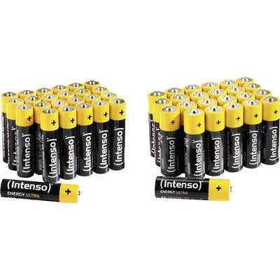 'Intenso Energy Ultra' Batterien: Zwei Gruppen schwarz-gelber AA-Batterien. Links 20 Stück, rechts 24 Stück, jede mit Plus- und Minuspol.