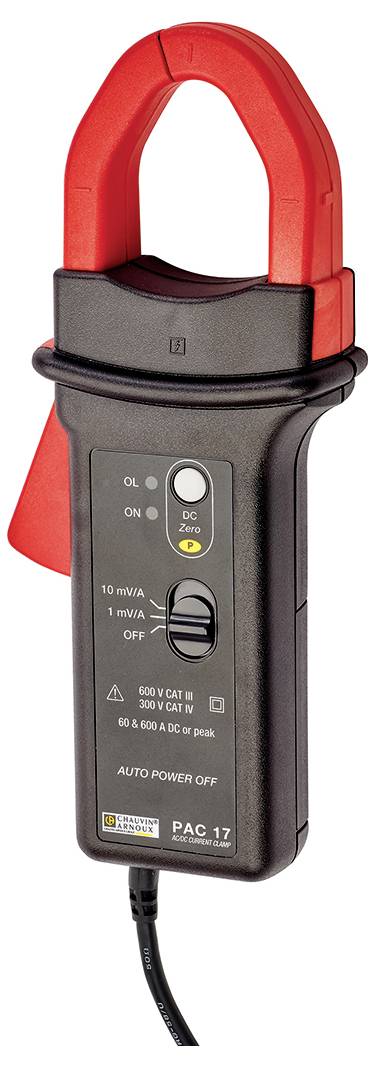 Ein schwarzes elektrisches Zangenmessgerät mit roten Griffen und einem Kabel am unteren Ende zum Messen von elektrischen Strömen.
