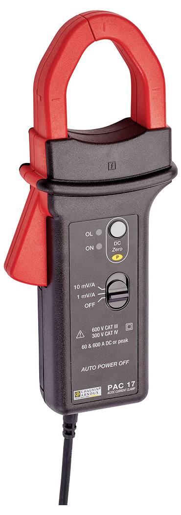 Ein Messgerät zur Strommessung mit Klemmen, meist verwendet zur Überprüfung von elektrischen Geräten oder Systemen.
