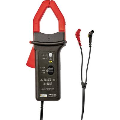 Digitales Strommessgerät mit roter Stromzange, schwarzem Gehäuse und zwei Messkabeln mit Klemmen. Geeignet für AC/DC-Messungen.