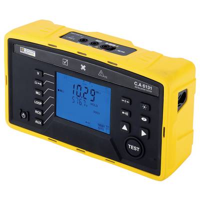 Ein gelbes elektrisches Testgerät mit Bildschirm zeigt '10,29MΩ 576,7V' an. Es besitzt verschiedene Tasten und Anschlussoptionen.