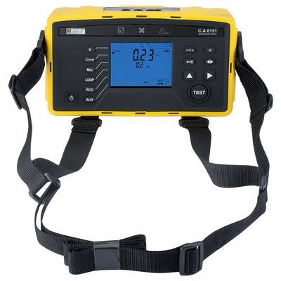 Ein tragbares, gelbes Messgerät mit Display und Tasten zur elektrischen Messung. Ein schwarzer Trageriemen ist befestigt.