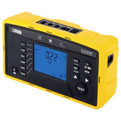 Gelbes elektronisches Prüfgerät mit blauem Display, zeigt numerische Messwerte an. Tasten rechts ermöglichen die Steuerung.