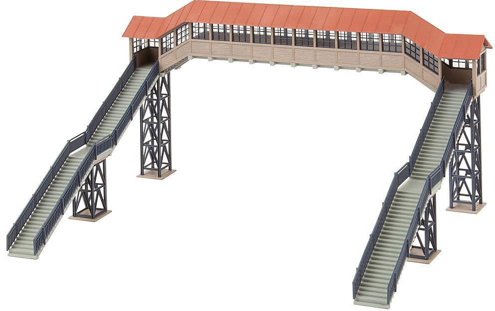 Modell einer überdachten Fußgängerbrücke mit zwei Treppenaufgängen, roten Dachpaneelen und schwarzer Metallstruktur.