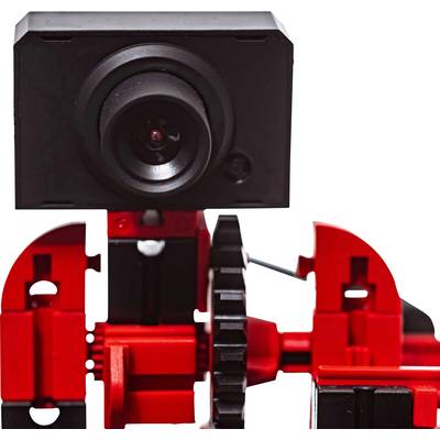 Eine schwarze Kamera ist auf einer roten, technischen Struktur montiert, die Zahnräder und mechanische Teile enthält.