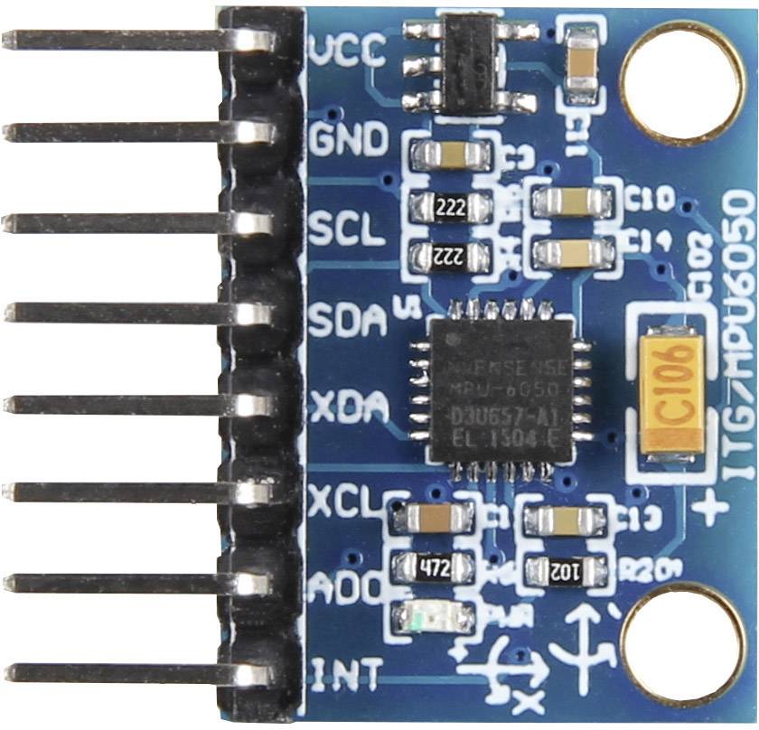 Elektronisches Modul mit Sensoren und Schaltkreisen, blauer Hintergrund, seitliche schwarze Pins. Hauptchip in der Mitte.