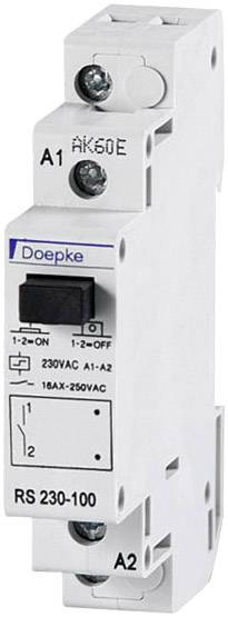 'Doepke RS 230-100' Relaisbaustein mit Schalter, geeignet für 230V AC, mit Ein/Aus-Schalter und Beschriftung für Anschlüsse A1, A2.