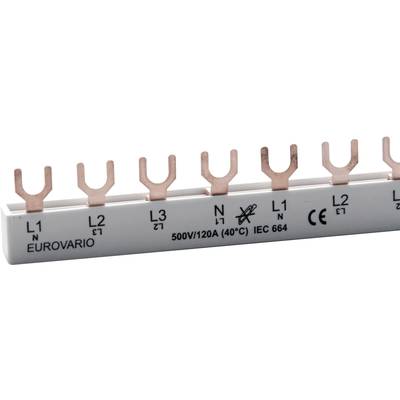 Kupferschiene mit mehreren Klemmen, beschriftet mit L1 bis L3, N und IEC 664, geeignet für 500V/120A bei 40°C. Markierungen: L1, L2, L3.