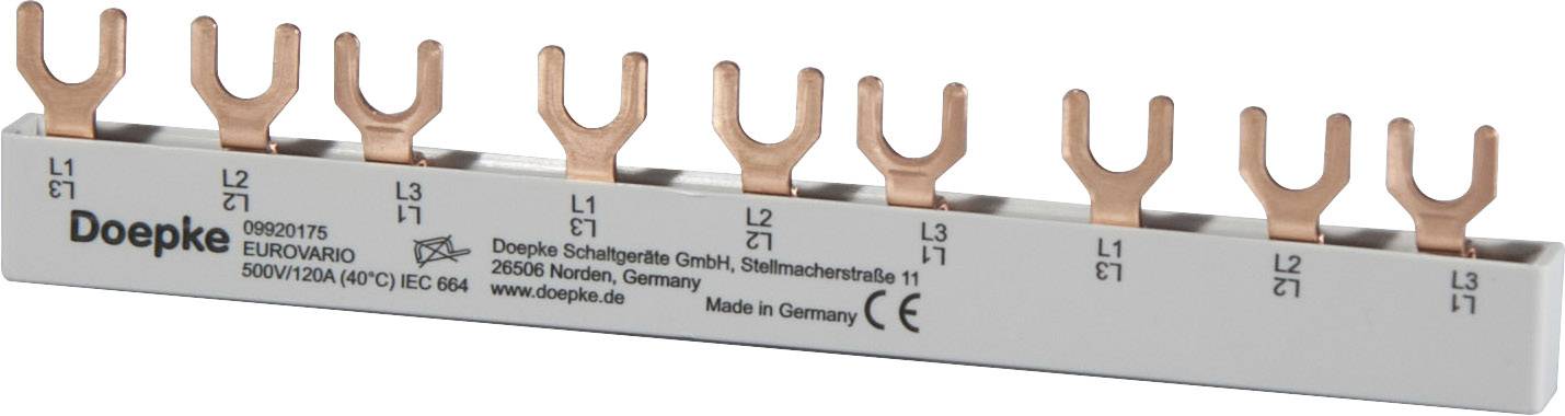 Stromschiene mit acht Kupferverbindern für L1, L2, L3, von Doepke. Beschriftet 'Made in Germany'.