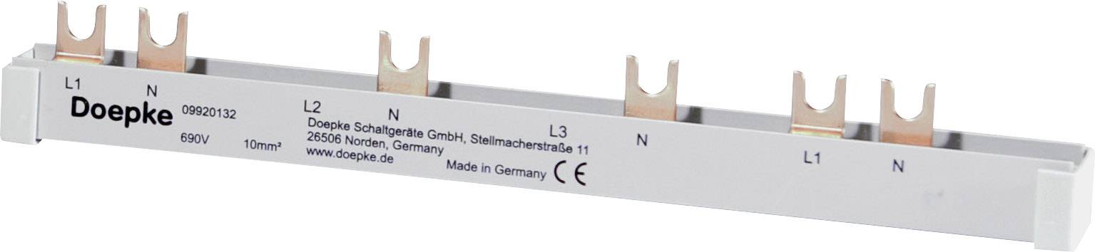 Kupfer-Sammelschiene mit mehreren Anschlüssen, erkennbar durch L1, L2, L3, N. Aufschrift: 'Doepke' mit Kontaktinfo und CE-Zeichen.