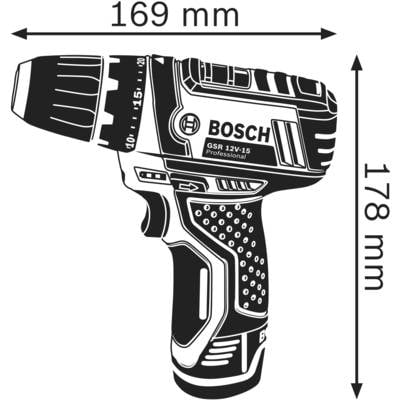 Schwarz-weiße Zeichnung eines Bosch GSR 12V-15 Professional Akkuschraubers mit den Abmessungen 169 mm Breite und 178 mm Höhe.