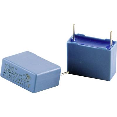 Zwei blaue elektrische Kondensatoren auf weißem Hintergrund. Sie haben zylindrische Anschlüsse und sind für elektronische Schaltungen geeignet.