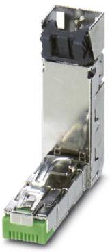 Das Bild zeigt ein Metall-SFP-Modul mit grünem Anschluss, das in Netzwerkgeräten zur Erweiterung der Konnektivität verwendet wird.