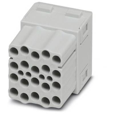 Grauer Steckverbinder mit mehreren runden Löchern; dient zur elektrischen Verbindung.