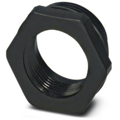 Sechskantmutter aus Metall, schwarz, mit Gewinde. Verwendet zur Befestigung in mechanischen Anwendungen.