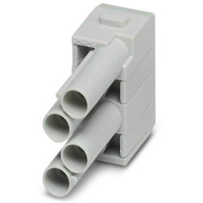 Ein grauer Steckverbinder mit vier Kabelkanälen, geeignet für elektrische Verbindungen in Schaltschränken oder ähnlichen Anwendungen.