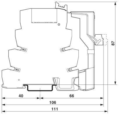 Technische Zeichnung eines Bauteils im Querschnitt mit Abmessungen: Breite 106 mm, Tiefe 40 mm, Höhe 87 mm.
