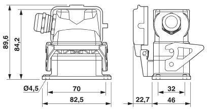 Technische Zeichnung einer mechanischen Komponente mit Maßangaben in Millimetern, zeigt Front- und Seitenansicht der Einheit.