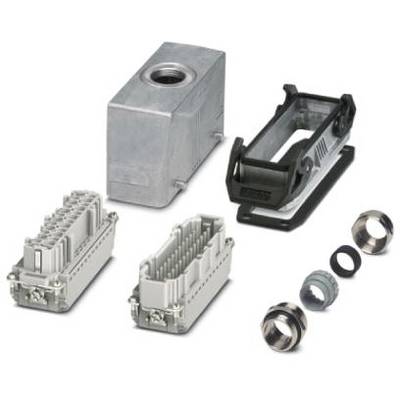 'Industrie-Steckverbinder-Set: rechteckiges Gehäuse, zwei Einsätze mit mehreren Kontakten, und Schraubbefestigungen.'