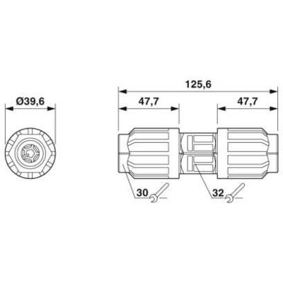 Technische Zeichnung eines Kupplungssteckers mit Abmessungen: Gesamtlänge 125,6 mm, Breite 39,6 mm, mit Maßen 47,7 mm und Schlüsselgrößen 30 mm und 32 mm.