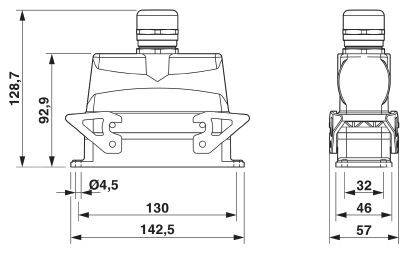 Technische Zeichnung eines Motors mit Maßen: Höhe 128,7 mm, Breite 142,5 mm, Basislänge 130 mm. Zeigt Seiten- und Frontansicht.