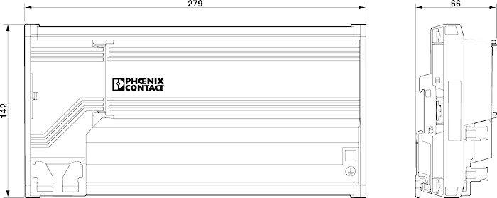 Technische Zeichnung eines Geräts von Phoenix Contact, mit Abmessungen: 142 mm hoch, 279 mm breit und 66 mm tief.