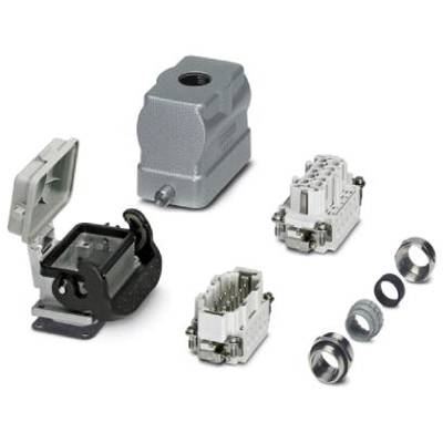 Industrie-Steckverbindungen-Set mit Gehäuse, Einsätzen und Befestigungselementen, geeignet für robuste elektrische Verbindungen.