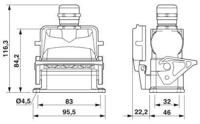 Technische Zeichnung eines Bauteils mit Abmessungen: Breite 95,5 mm, Höhe 116,3 mm, und Lochdurchmesser 4,5 mm. Seiten- und Frontalansicht.