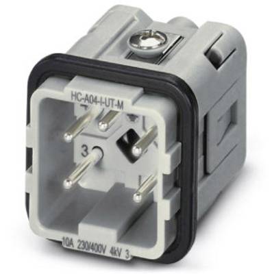 Industriestecker mit vier Stiften, graues Gehäuse, für 10A und 230/400V, Modellnummer 'HC-A04-UT-M'. Geeignet für industrielle Anwendungen.