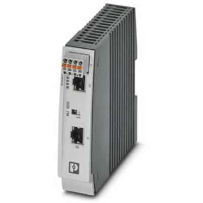 Elektronisches Gerät mit Lüftungsschlitzen, Kabelanschlüssen oben und Netzwerkanschlüssen unten. Gehäuse in Grau.