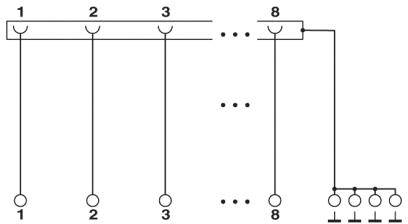 Verkabelungsdiagramm eines elektrischen Schaltkreises mit nummerierten Anschlüssen von 1 bis 8, zeigt parallele und serielle Verbindungen.