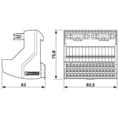 Technische Zeichnung eines elektrischen Schutzmoduls von Phoenix Contact mit Maßen: Höhe 75,8 mm, Länge 82,5 mm, Breite 63 mm.