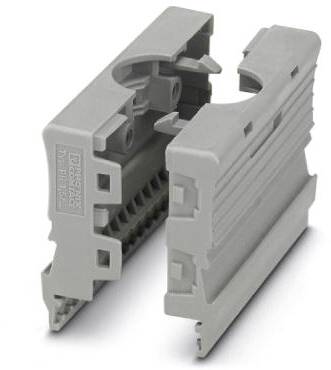 Graue Kunststoffhalterung bestehend aus zwei modularen Teilen, die miteinander verbunden werden können. Geeignet für industrielle Anwendungen.