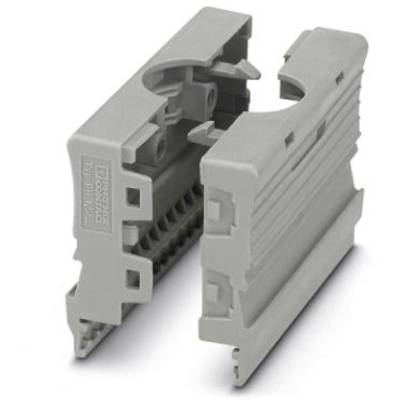 Graue Kunststoffhalterung bestehend aus zwei modularen Teilen, die miteinander verbunden werden können. Geeignet für industrielle Anwendungen.