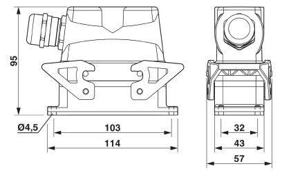 Technische Zeichnung eines Maschinenbauteils mit Ansichten von vorne und seitlich. Maße und Formen sind zur Montage angegeben.