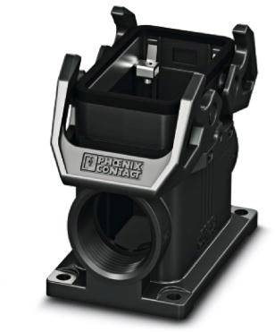 Industrie-Steckverbinder von Phoenix Contact, schwarze Gehäuse, rechteckige Form mit rundem Anschluss, robuste Bauweise.