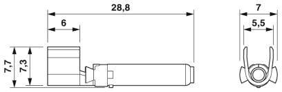 Technische Zeichnung eines Winkels für einen Verbinder. Maße: Länge 28,8 mm, Breite 6 mm, Höhe 7,7 mm. Weitere Maße: 7,3 mm und 5,5 mm.