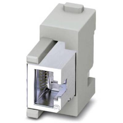 Ein grauer Netzwerkstecker-Einsatz, geeignet für RJ45-Anschlüsse, zeigt die Metallkontakte im Inneren.