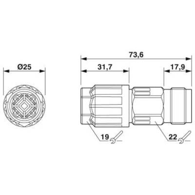 Technische Zeichnung eines zylindrischen Steckverbinders mit Maßen: Länge 73,6 mm, Durchmesser 25 mm; Schlüsselweiten 19, 22 mm.