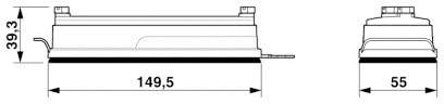 Technische Zeichnung zweier zylindrischer Objekte, seitliche Ansicht: links 149,5 mm lang und rechts 55 mm, beide 39,3 mm hoch.