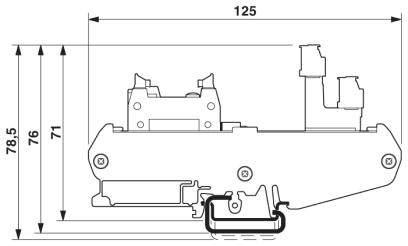 Technische Zeichnung eines Gerätes mit Abmessungen: Breite 125 mm, Höhe 78,5 mm und 71 mm. Seitenansicht mit detaillierten Komponenten.