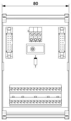 Diagramm eines elektrischen Schaltkastens mit drei Schaltern oben, Reihe von Klemmen unten und zwei seitlichen Klemmen.