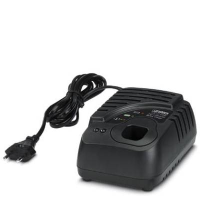Ein schwarzes Batterie-Ladegerät mit Kabel und EU-Stecker, zeigt leuchtende LED-Anzeigen für Ladestatus auf der Oberseite.